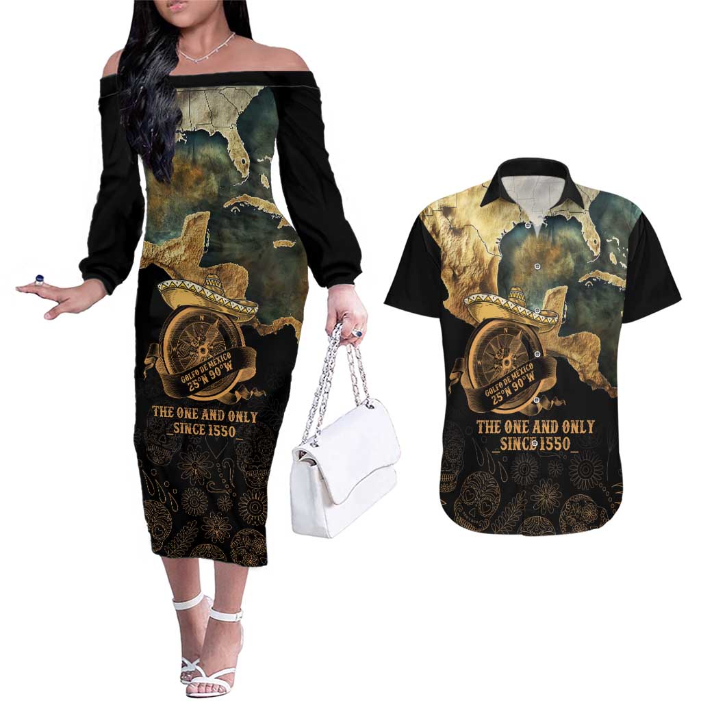 Gulf Of Mexico Couples Matching Off The Shoulder Long Sleeve Dress and Hawaiian Shirt Historic Gulf of Mexico Map Since 1550