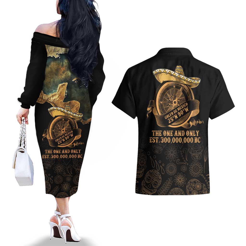 Gulf Of Mexico Couples Matching Off The Shoulder Long Sleeve Dress and Hawaiian Shirt Historic Gulf of Mexico Map Since 1550