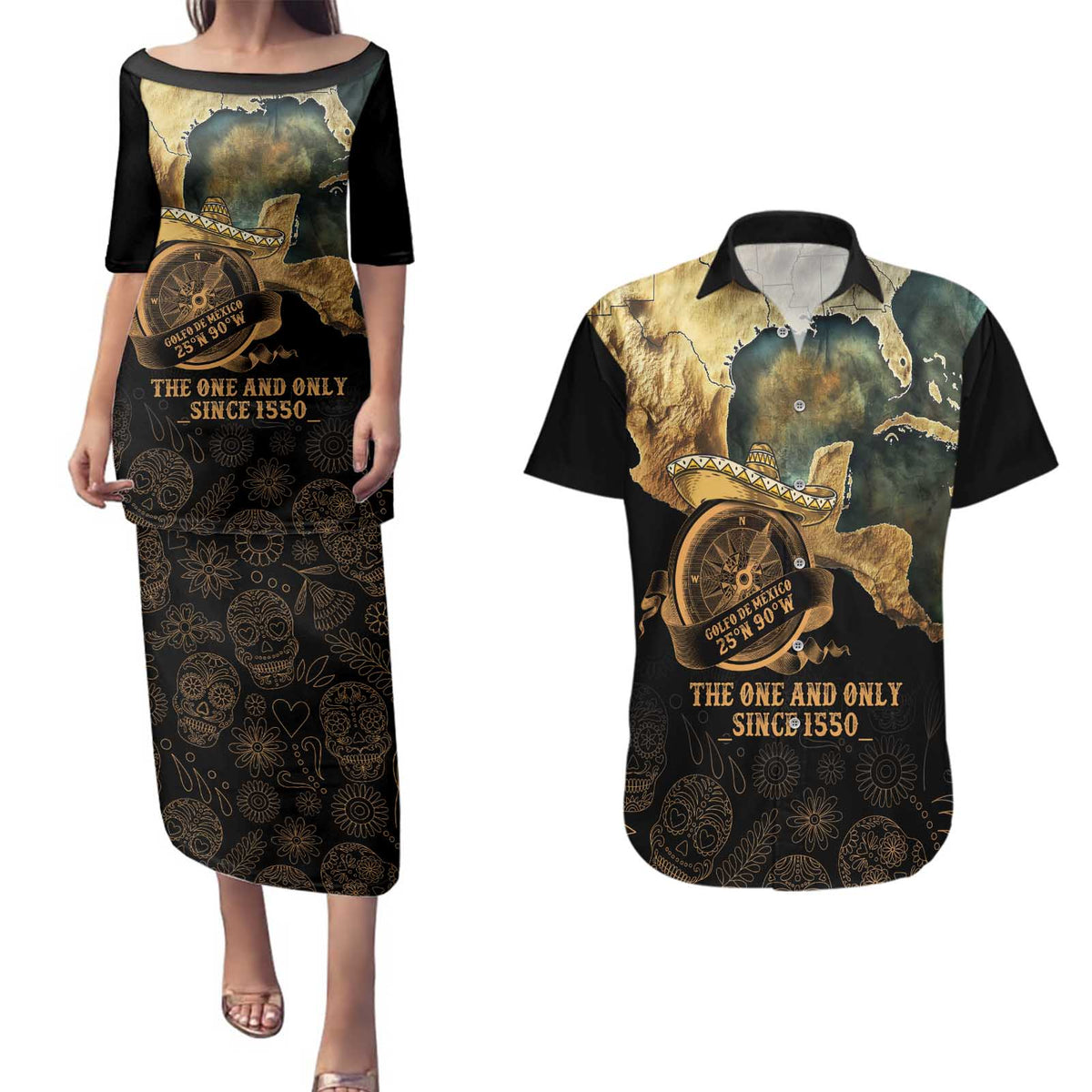 Gulf Of Mexico Couples Matching Puletasi and Hawaiian Shirt Historic Gulf of Mexico Map Since 1550