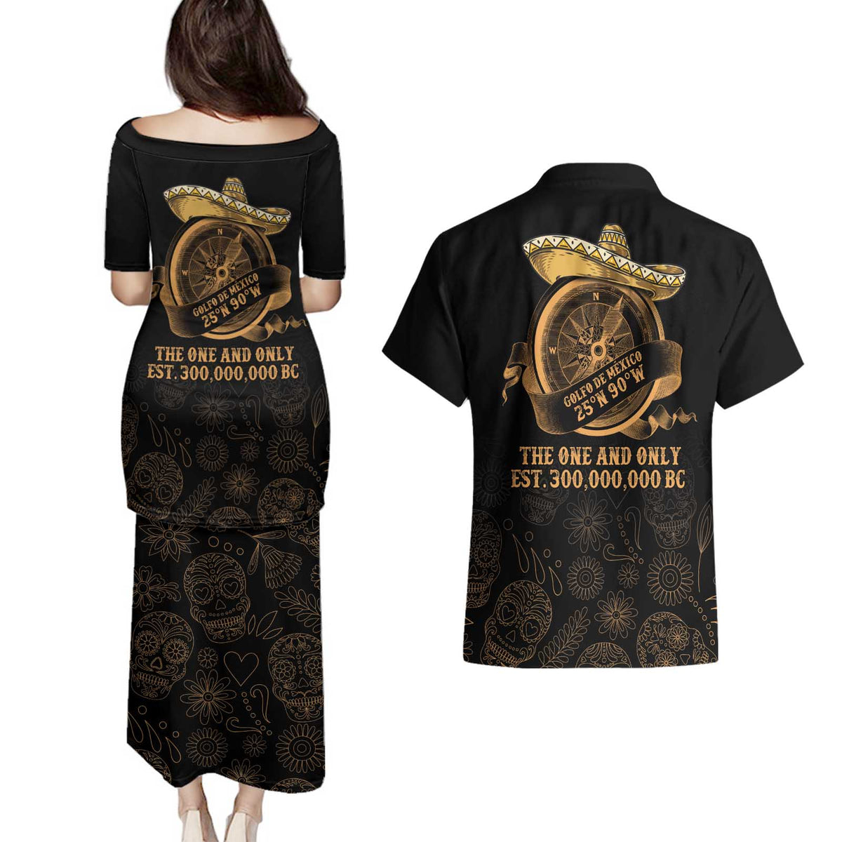 Gulf Of Mexico Couples Matching Puletasi and Hawaiian Shirt Historic Gulf of Mexico Map Since 1550