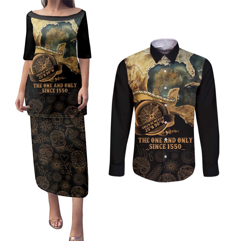 Gulf Of Mexico Couples Matching Puletasi and Long Sleeve Button Shirt Historic Gulf of Mexico Map Since 1550