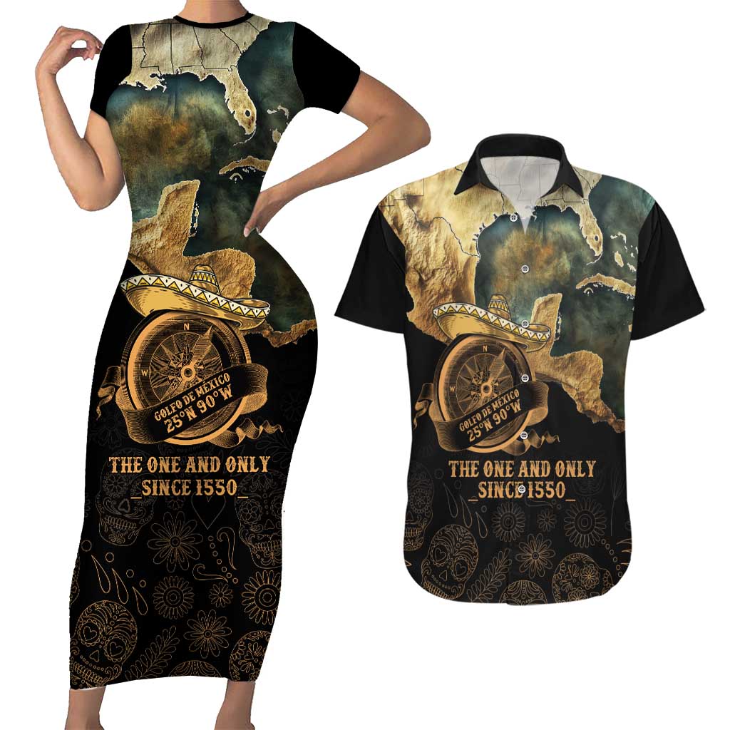 Gulf Of Mexico Couples Matching Short Sleeve Bodycon Dress and Hawaiian Shirt Historic Gulf of Mexico Map Since 1550