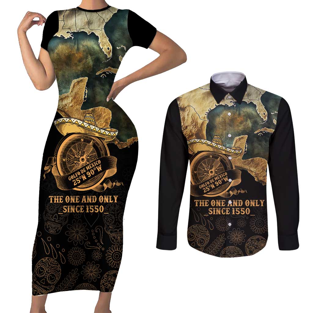 Gulf Of Mexico Couples Matching Short Sleeve Bodycon Dress and Long Sleeve Button Shirt Historic Gulf of Mexico Map Since 1550