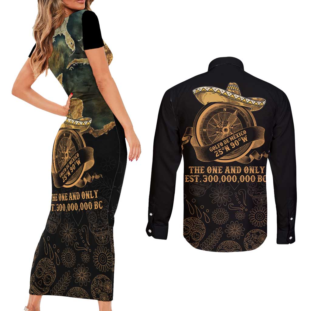Gulf Of Mexico Couples Matching Short Sleeve Bodycon Dress and Long Sleeve Button Shirt Historic Gulf of Mexico Map Since 1550