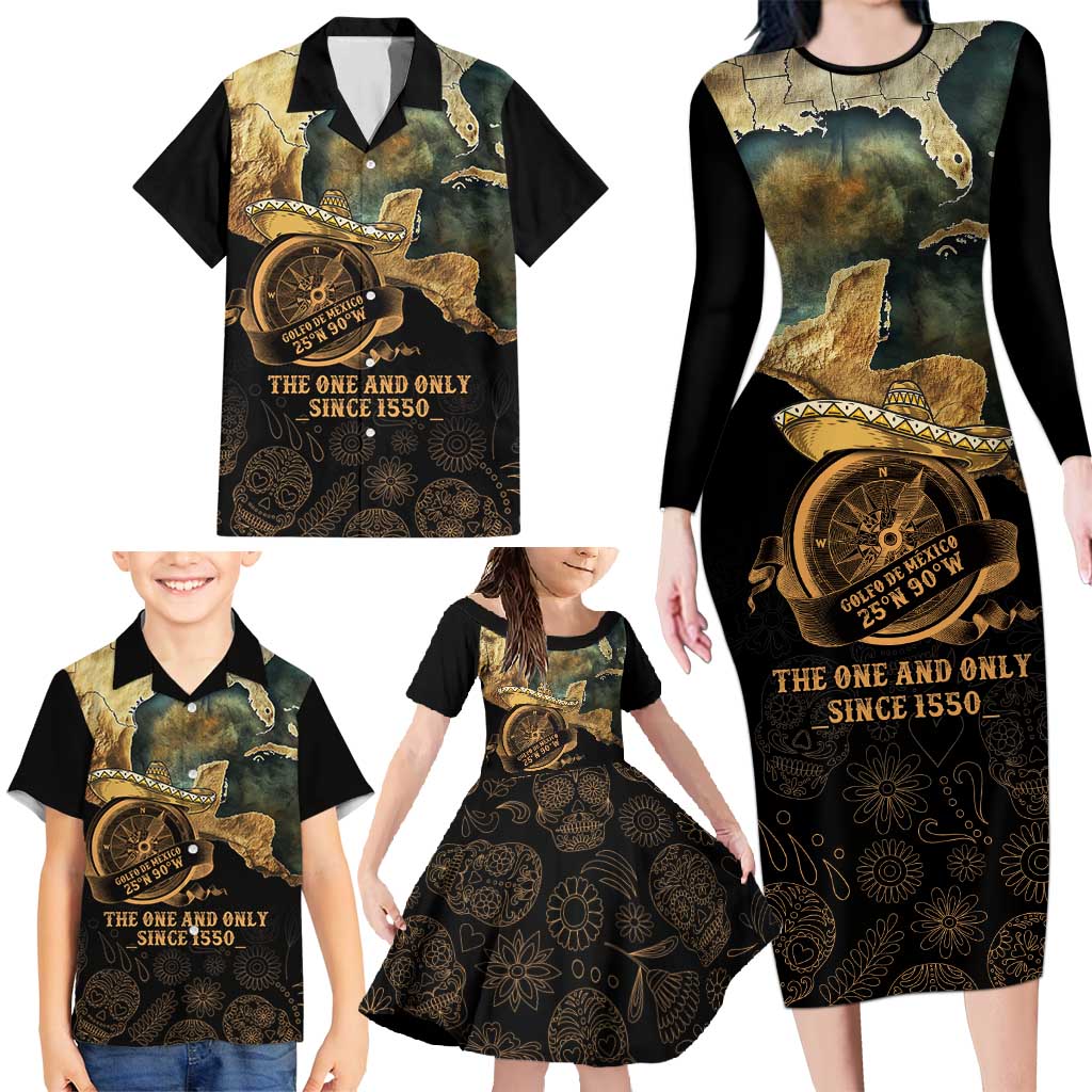 Gulf Of Mexico Family Matching Long Sleeve Bodycon Dress and Hawaiian Shirt Historic Gulf of Mexico Map Since 1550