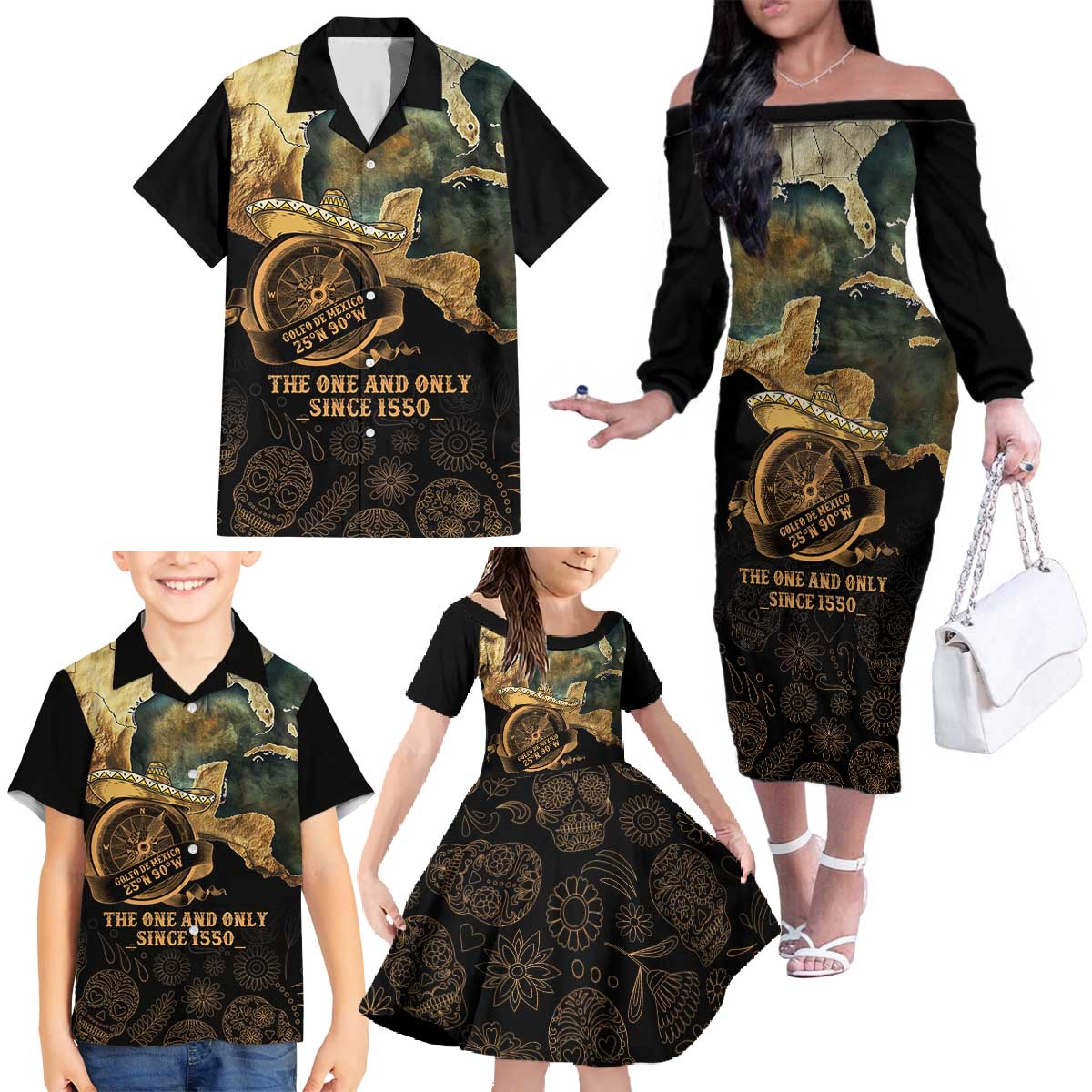 Gulf Of Mexico Family Matching Off The Shoulder Long Sleeve Dress and Hawaiian Shirt Historic Gulf of Mexico Map Since 1550