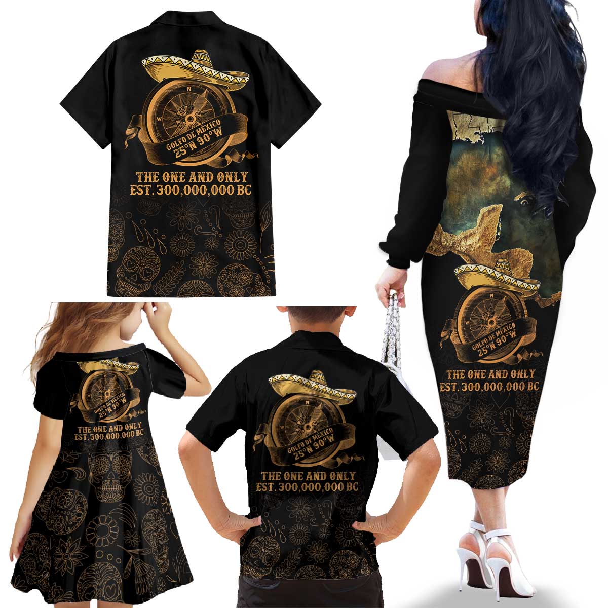 Gulf Of Mexico Family Matching Off The Shoulder Long Sleeve Dress and Hawaiian Shirt Historic Gulf of Mexico Map Since 1550