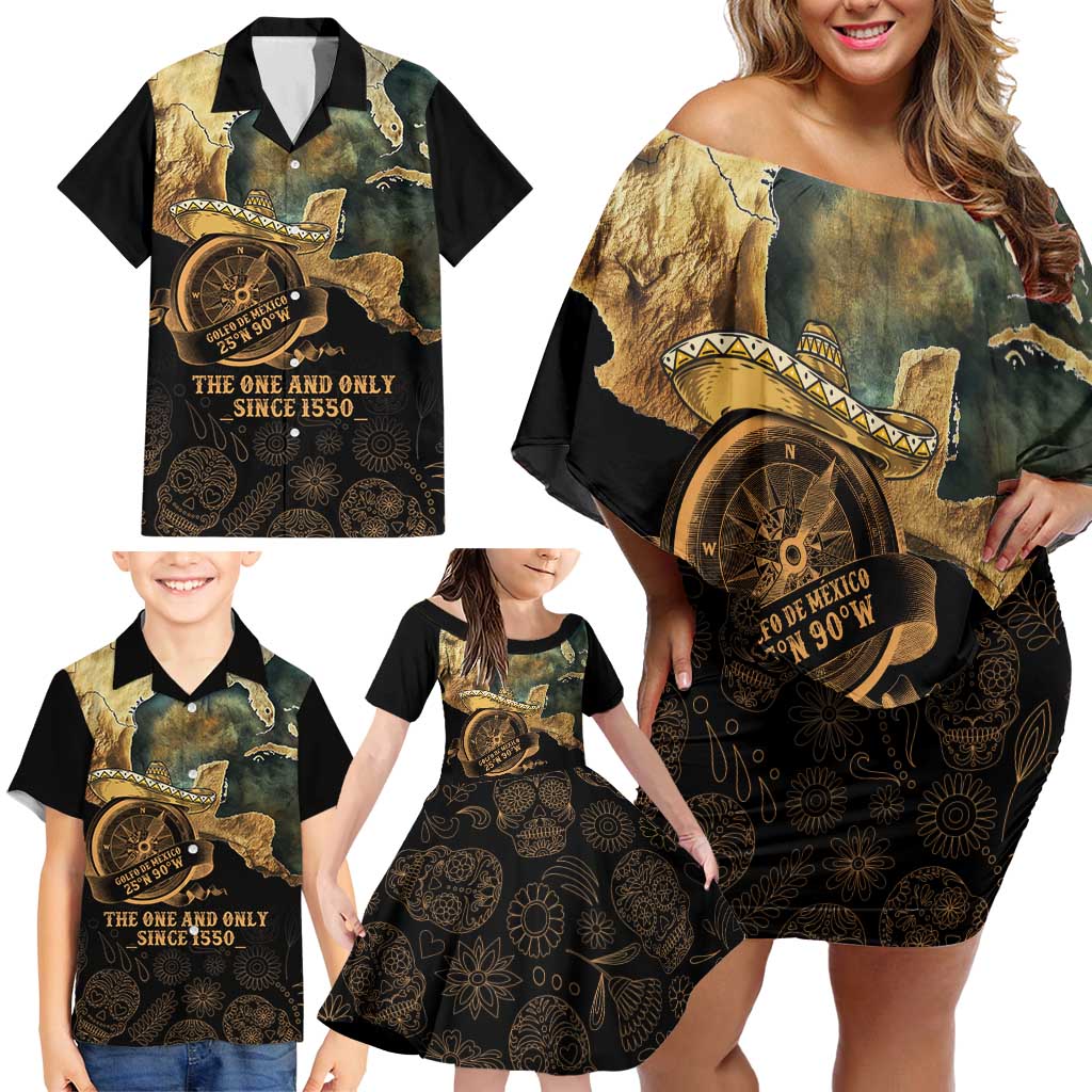 Gulf Of Mexico Family Matching Off Shoulder Short Dress and Hawaiian Shirt Historic Gulf of Mexico Map Since 1550
