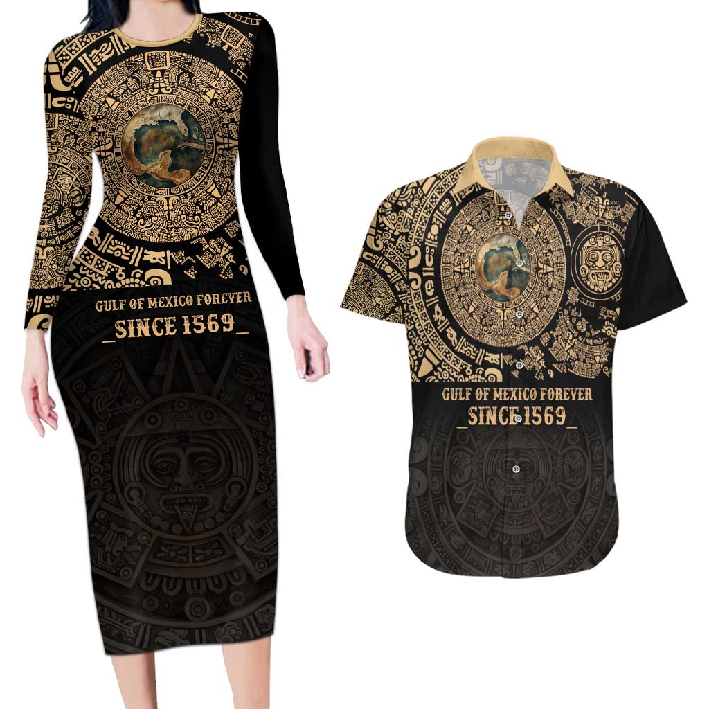 Gulf of Mexico Personalized Couples Matching Long Sleeve Bodycon Dress and Hawaiian Shirt Since 1569 Aztec Vingtage