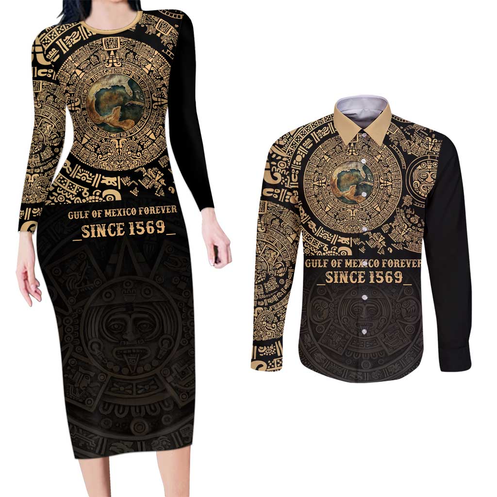 Gulf of Mexico Personalized Couples Matching Long Sleeve Bodycon Dress and Long Sleeve Button Shirt Since 1569 Aztec Vingtage