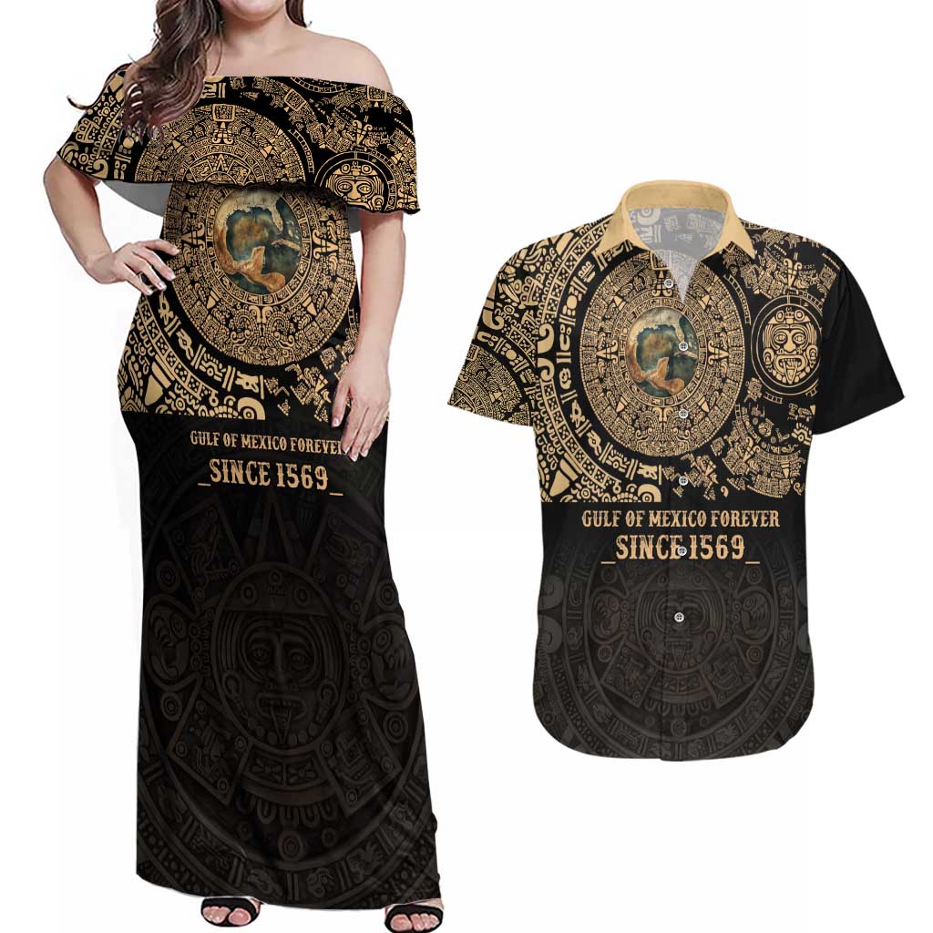 Gulf of Mexico Personalized Couples Matching Off Shoulder Maxi Dress and Hawaiian Shirt Since 1569 Aztec Vingtage