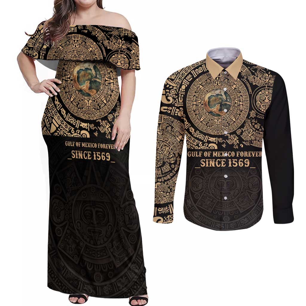 Gulf of Mexico Personalized Couples Matching Off Shoulder Maxi Dress and Long Sleeve Button Shirt Since 1569 Aztec Vingtage