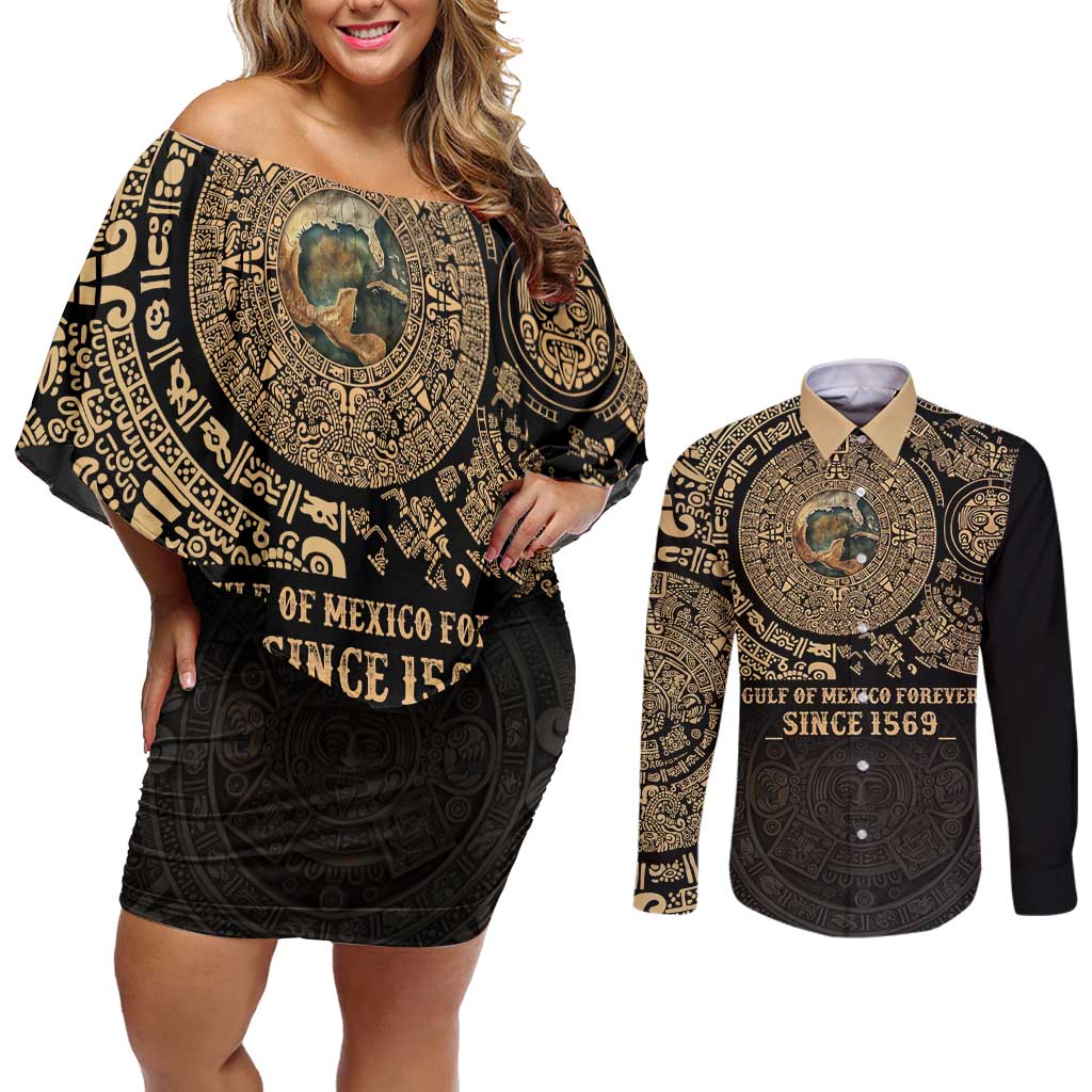 Gulf of Mexico Personalized Couples Matching Off Shoulder Short Dress and Long Sleeve Button Shirt Since 1569 Aztec Vingtage