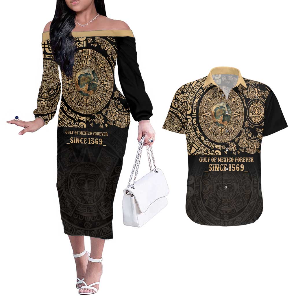 Gulf of Mexico Personalized Couples Matching Off The Shoulder Long Sleeve Dress and Hawaiian Shirt Since 1569 Aztec Vingtage