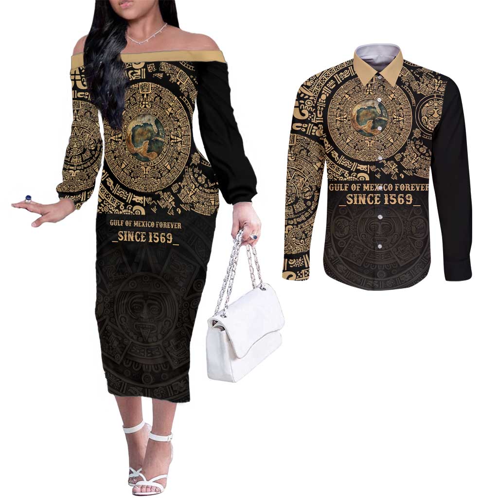 Gulf of Mexico Personalized Couples Matching Off The Shoulder Long Sleeve Dress and Long Sleeve Button Shirt Since 1569 Aztec Vingtage