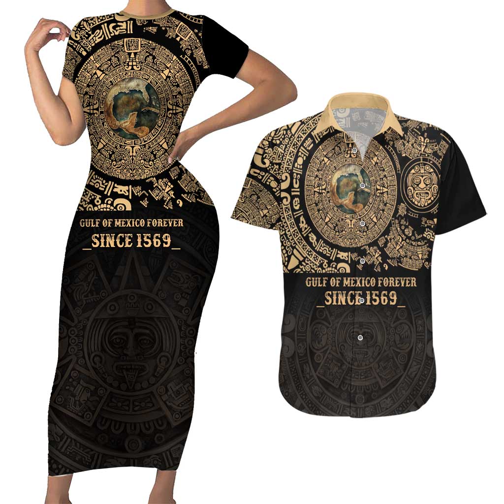 Gulf of Mexico Personalized Couples Matching Short Sleeve Bodycon Dress and Hawaiian Shirt Since 1569 Aztec Vingtage