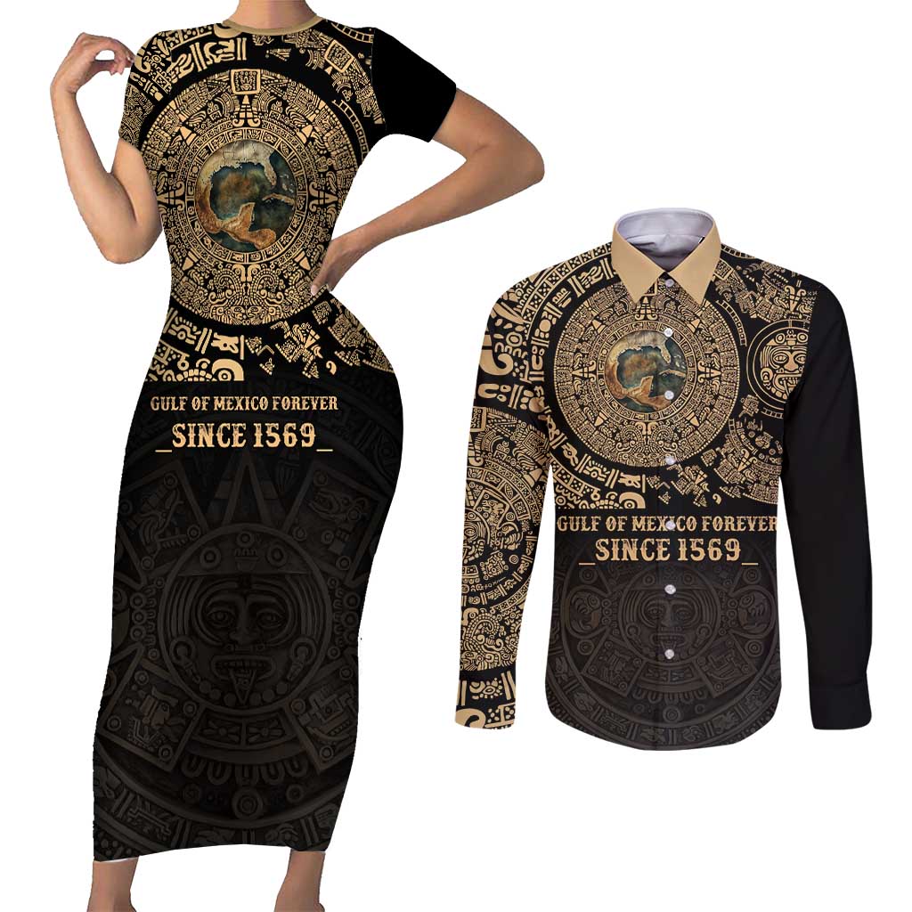 Gulf of Mexico Personalized Couples Matching Short Sleeve Bodycon Dress and Long Sleeve Button Shirt Since 1569 Aztec Vingtage