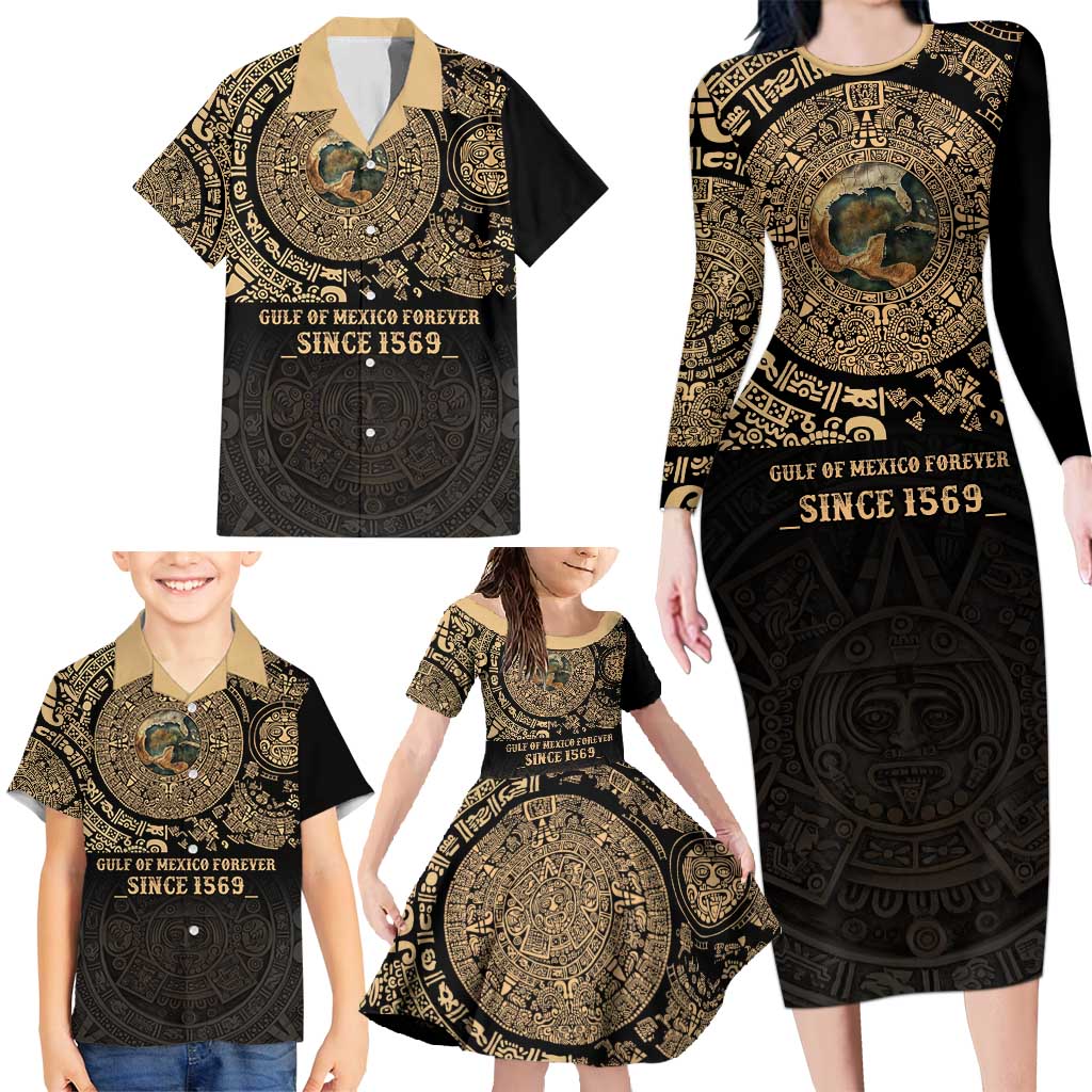 Gulf of Mexico Personalized Family Matching Long Sleeve Bodycon Dress and Hawaiian Shirt Since 1569 Aztec Vingtage