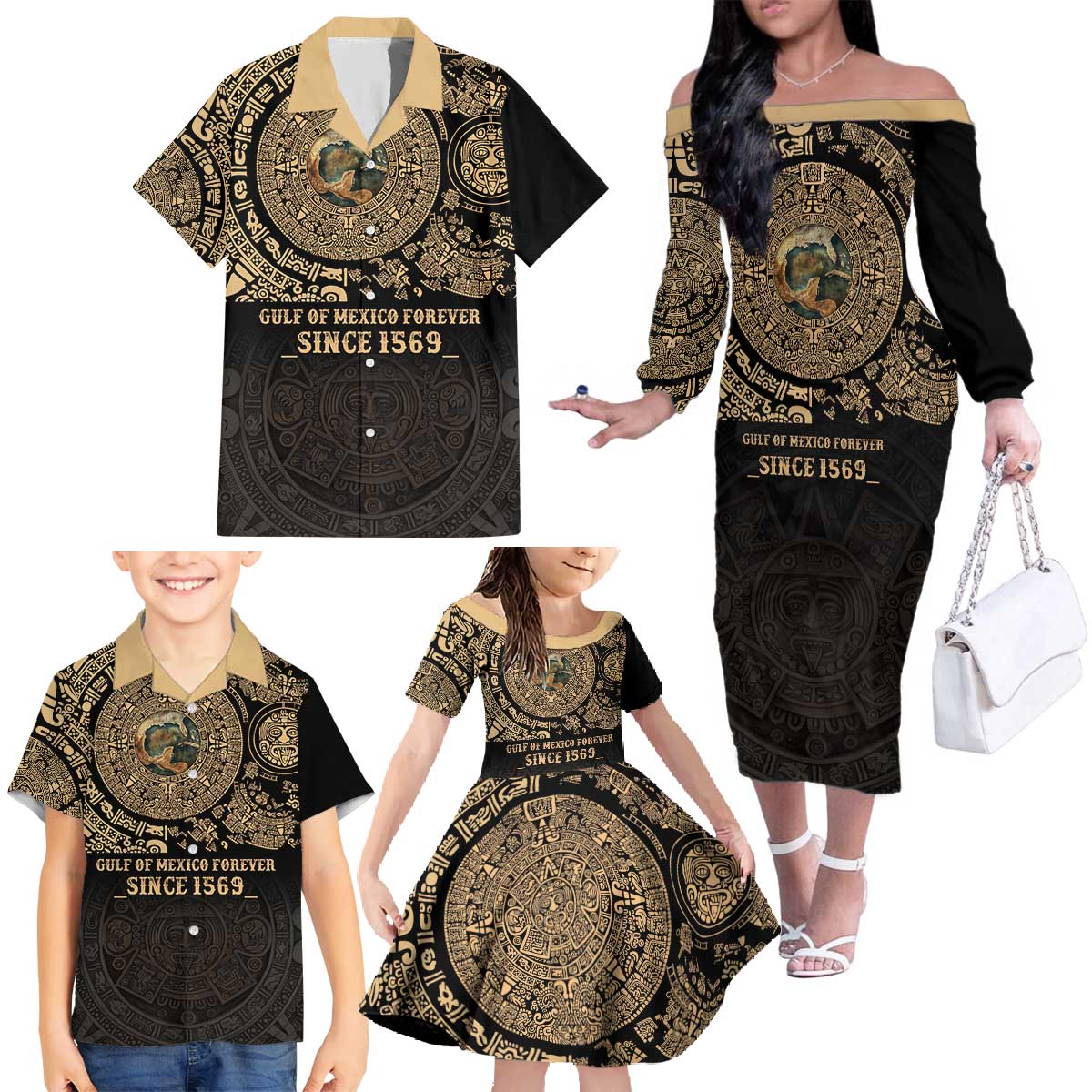 Gulf of Mexico Personalized Family Matching Off The Shoulder Long Sleeve Dress and Hawaiian Shirt Since 1569 Aztec Vingtage