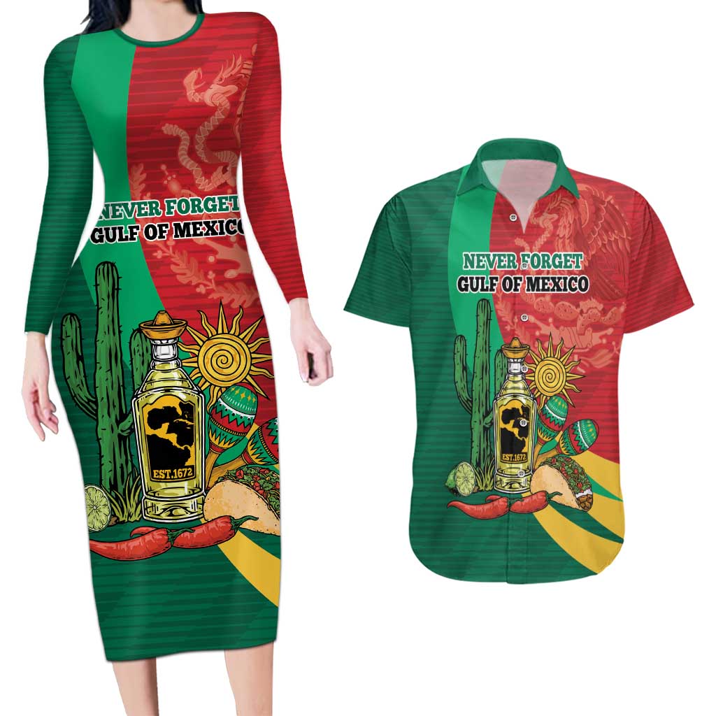 Gulf of Mexico Since 1672 Personalized Couples Matching Long Sleeve Bodycon Dress and Hawaiian Shirt Mexican Tequila and Tacos