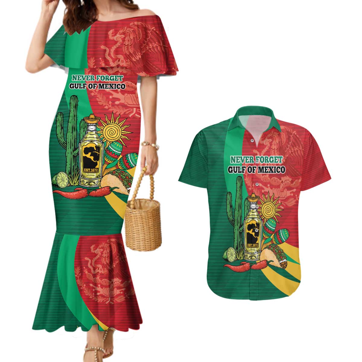 Gulf of Mexico Since 1672 Personalized Couples Matching Mermaid Dress and Hawaiian Shirt Mexican Tequila and Tacos