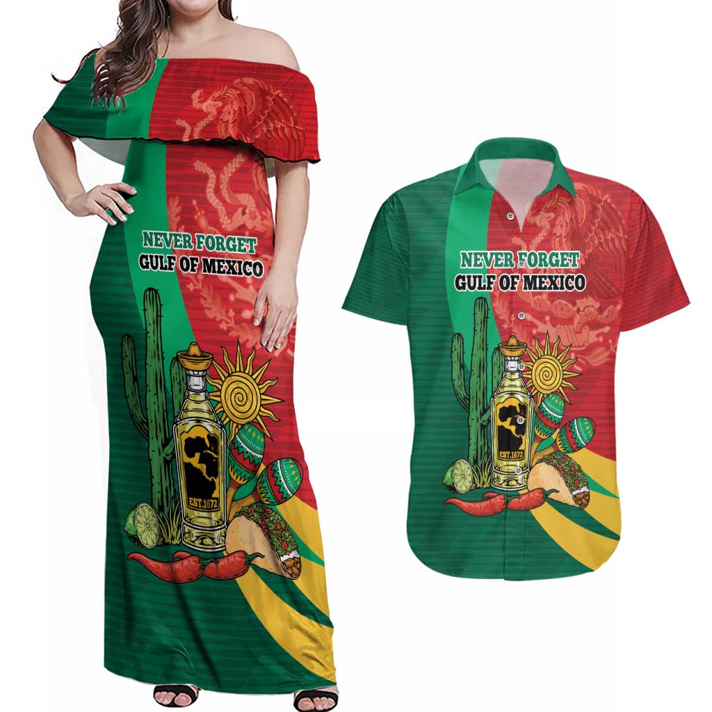 Gulf of Mexico Since 1672 Personalized Couples Matching Off Shoulder Maxi Dress and Hawaiian Shirt Mexican Tequila and Tacos