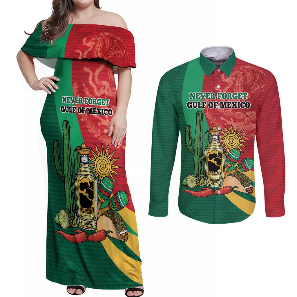 Gulf of Mexico Since 1672 Personalized Couples Matching Off Shoulder Maxi Dress and Long Sleeve Button Shirt Mexican Tequila and Tacos