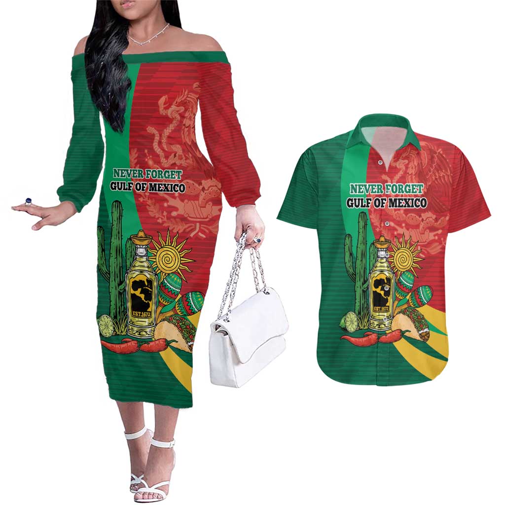 Gulf of Mexico Since 1672 Personalized Couples Matching Off The Shoulder Long Sleeve Dress and Hawaiian Shirt Mexican Tequila and Tacos