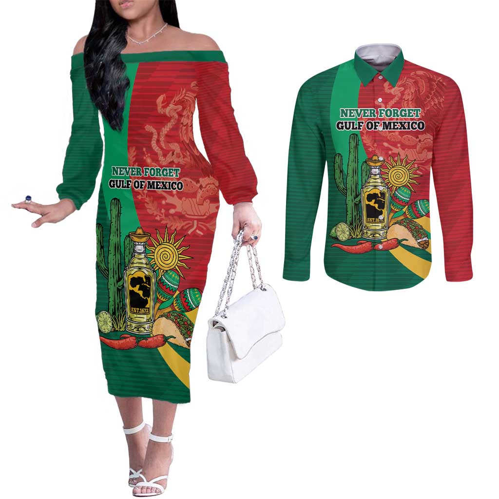 Gulf of Mexico Since 1672 Personalized Couples Matching Off The Shoulder Long Sleeve Dress and Long Sleeve Button Shirt Mexican Tequila and Tacos