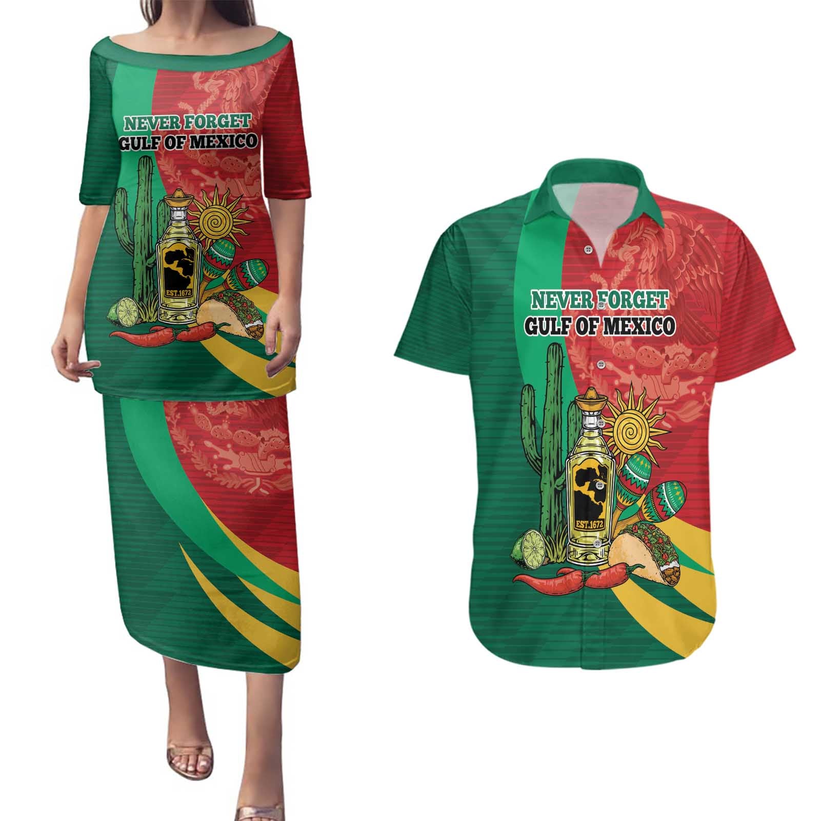Gulf of Mexico Since 1672 Personalized Couples Matching Puletasi and Hawaiian Shirt Mexican Tequila and Tacos