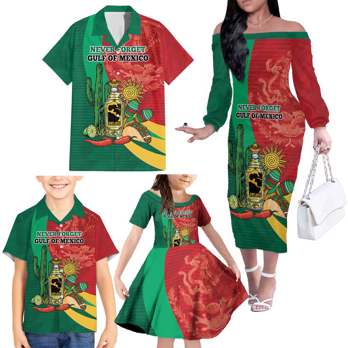 Gulf of Mexico Since 1672 Personalized Family Matching Off The Shoulder Long Sleeve Dress and Hawaiian Shirt Mexican Tequila and Tacos