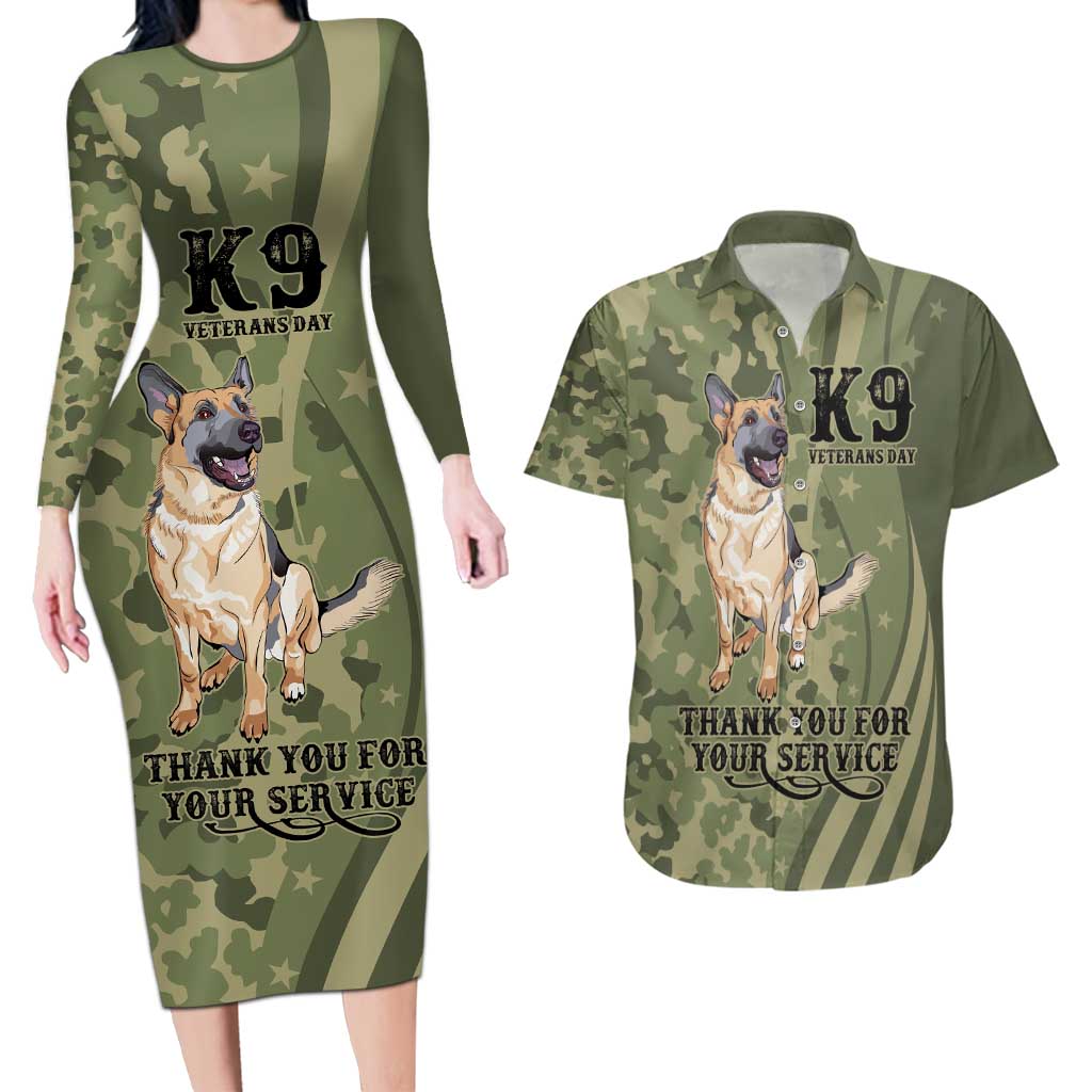 United States Canine Personalized Couples Matching Long Sleeve Bodycon Dress and Hawaiian Shirt USA Military K9s Camouflage