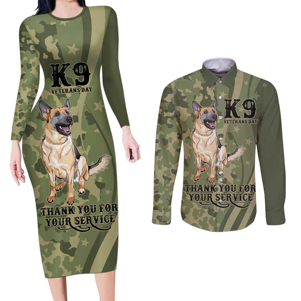 United States Canine Personalized Couples Matching Long Sleeve Bodycon Dress and Long Sleeve Button Shirt USA Military K9s Camouflage