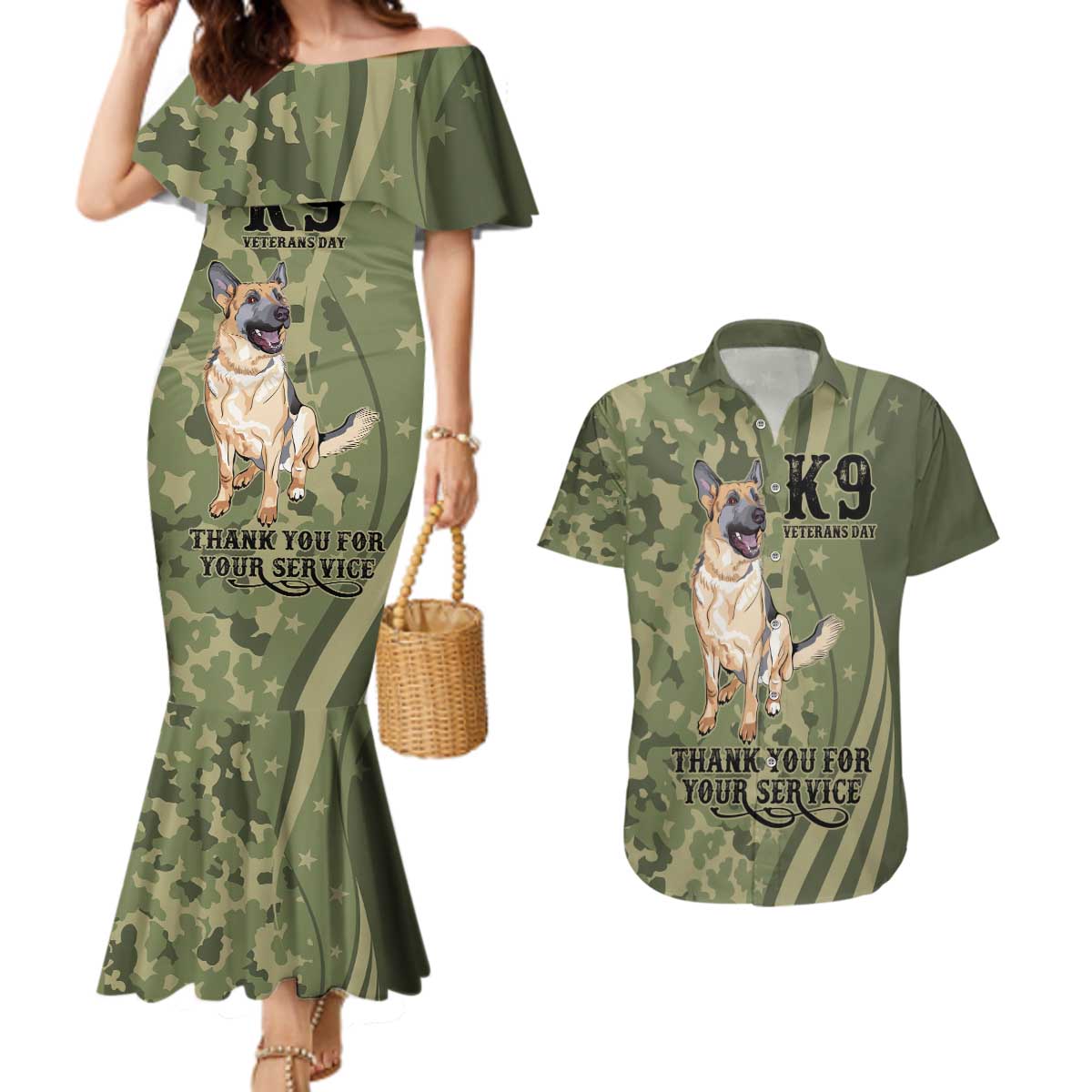 United States Canine Personalized Couples Matching Mermaid Dress and Hawaiian Shirt USA Military K9s Camouflage