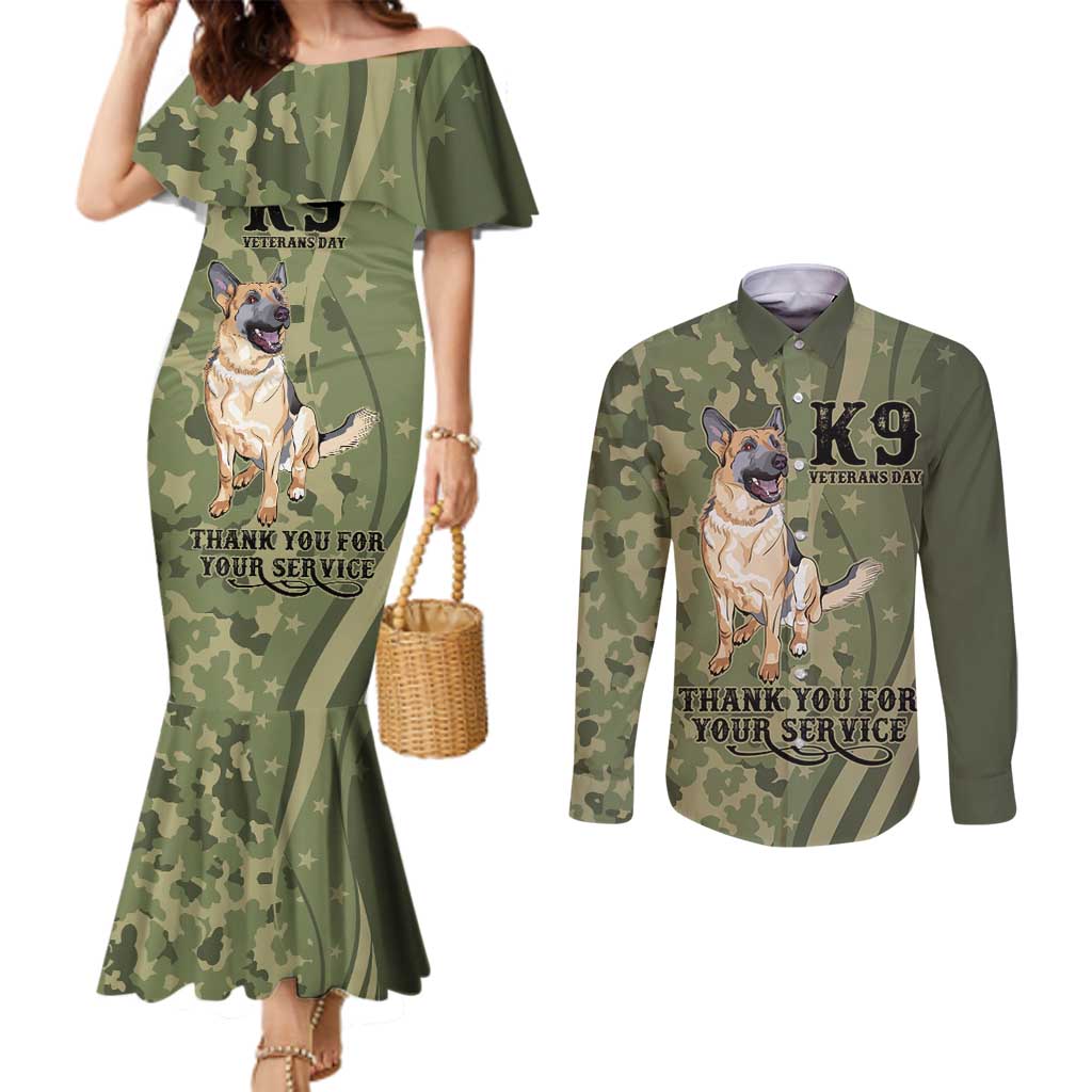 United States Canine Personalized Couples Matching Mermaid Dress and Long Sleeve Button Shirt USA Military K9s Camouflage