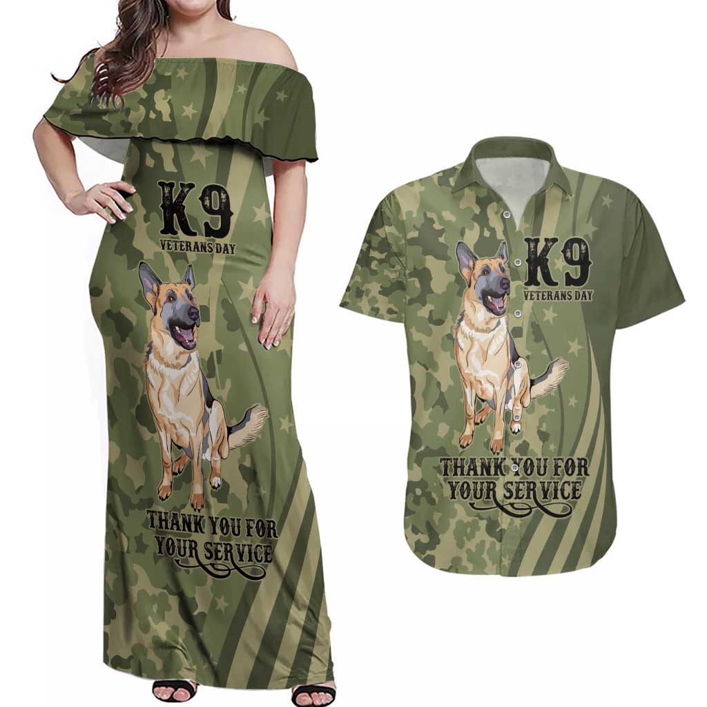 United States Canine Personalized Couples Matching Off Shoulder Maxi Dress and Hawaiian Shirt USA Military K9s Camouflage