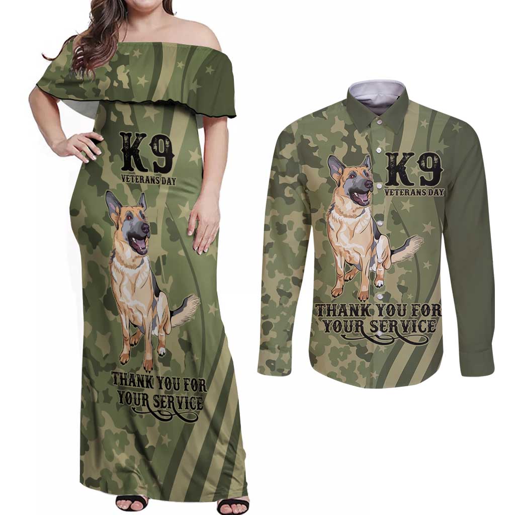 United States Canine Personalized Couples Matching Off Shoulder Maxi Dress and Long Sleeve Button Shirt USA Military K9s Camouflage