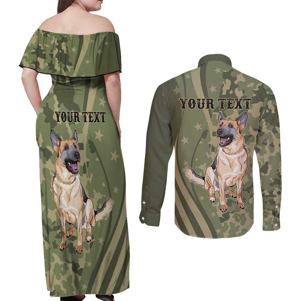 United States Canine Personalized Couples Matching Off Shoulder Maxi Dress and Long Sleeve Button Shirt USA Military K9s Camouflage