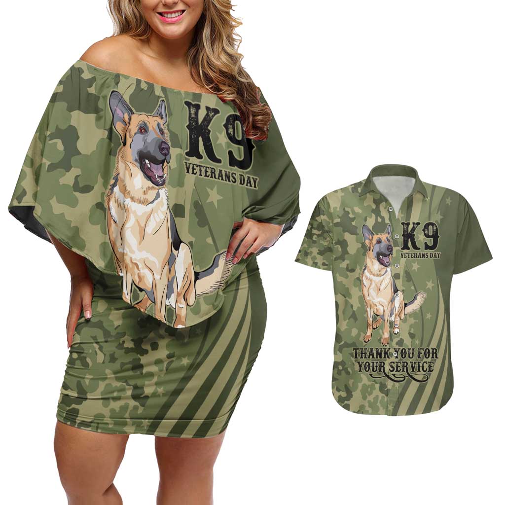 United States Canine Personalized Couples Matching Off Shoulder Short Dress and Hawaiian Shirt USA Military K9s Camouflage