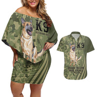 United States Canine Personalized Couples Matching Off Shoulder Short Dress and Hawaiian Shirt USA Military K9s Camouflage