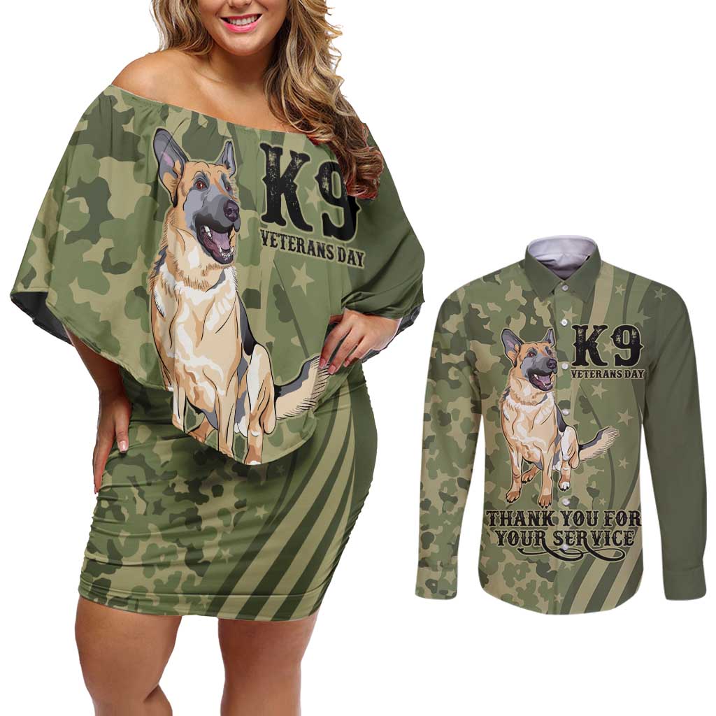 United States Canine Personalized Couples Matching Off Shoulder Short Dress and Long Sleeve Button Shirt USA Military K9s Camouflage