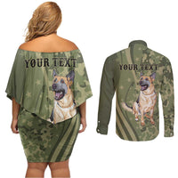 United States Canine Personalized Couples Matching Off Shoulder Short Dress and Long Sleeve Button Shirt USA Military K9s Camouflage
