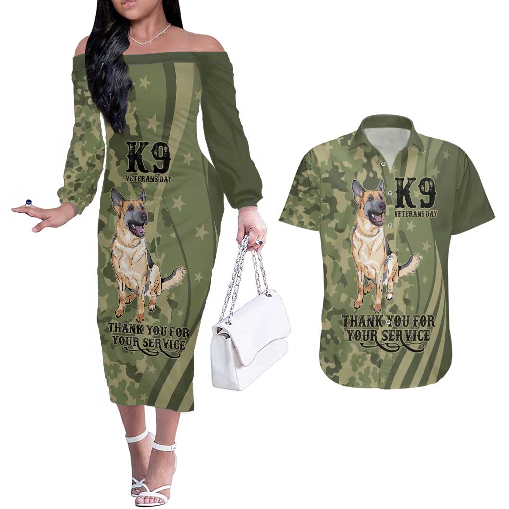 United States Canine Personalized Couples Matching Off The Shoulder Long Sleeve Dress and Hawaiian Shirt USA Military K9s Camouflage