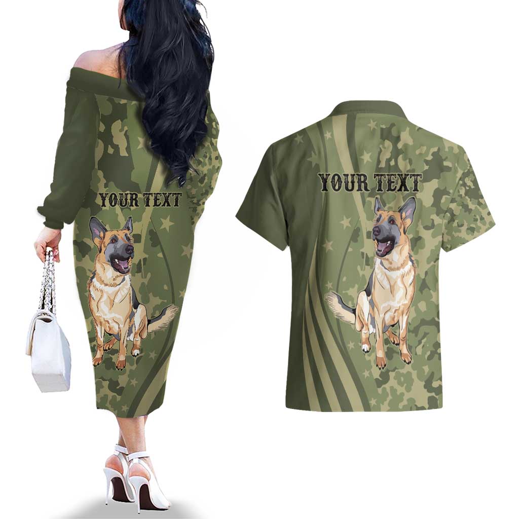 United States Canine Personalized Couples Matching Off The Shoulder Long Sleeve Dress and Hawaiian Shirt USA Military K9s Camouflage