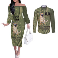 United States Canine Personalized Couples Matching Off The Shoulder Long Sleeve Dress and Long Sleeve Button Shirt USA Military K9s Camouflage