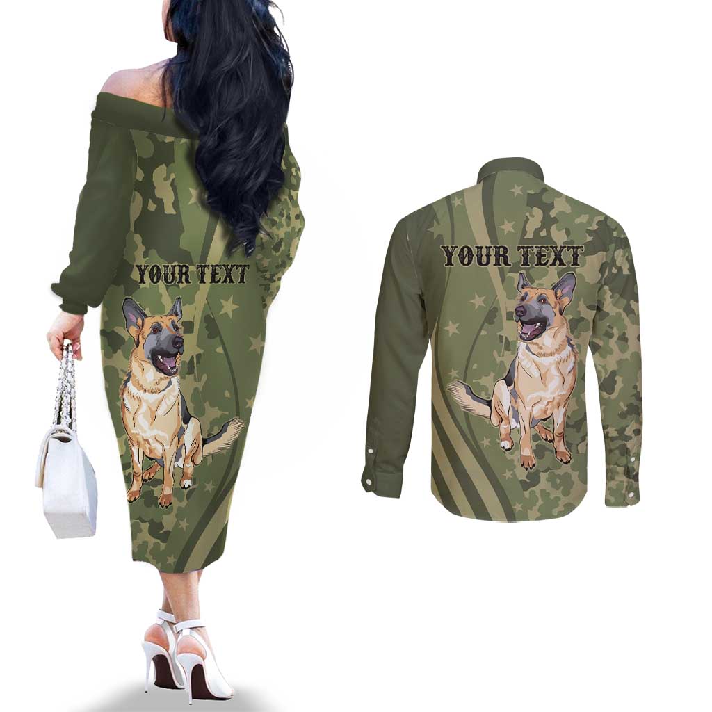 United States Canine Personalized Couples Matching Off The Shoulder Long Sleeve Dress and Long Sleeve Button Shirt USA Military K9s Camouflage