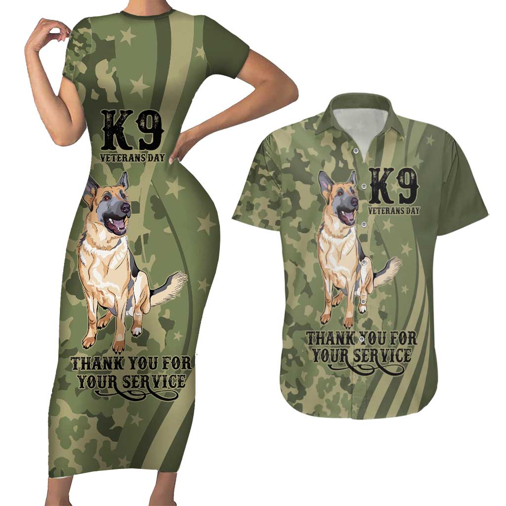 United States Canine Personalized Couples Matching Short Sleeve Bodycon Dress and Hawaiian Shirt USA Military K9s Camouflage