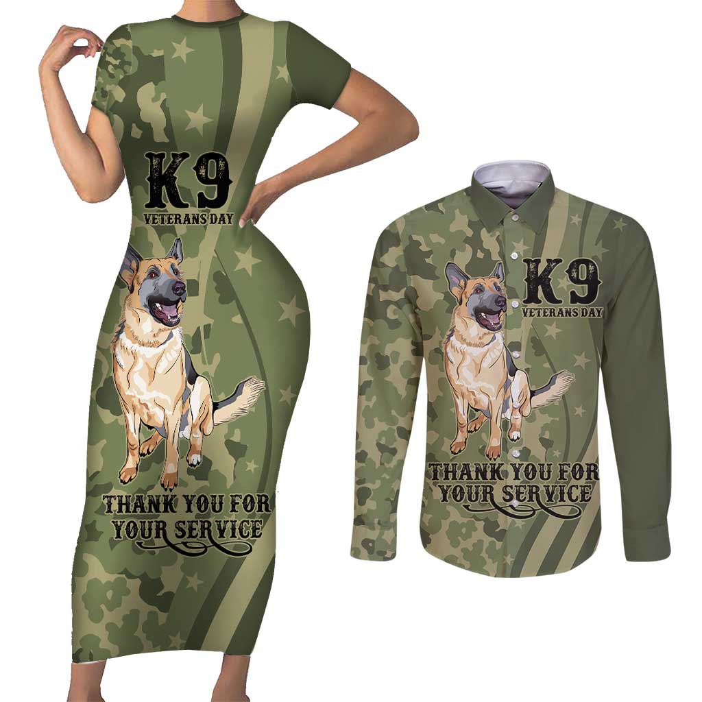 United States Canine Personalized Couples Matching Short Sleeve Bodycon Dress and Long Sleeve Button Shirt USA Military K9s Camouflage
