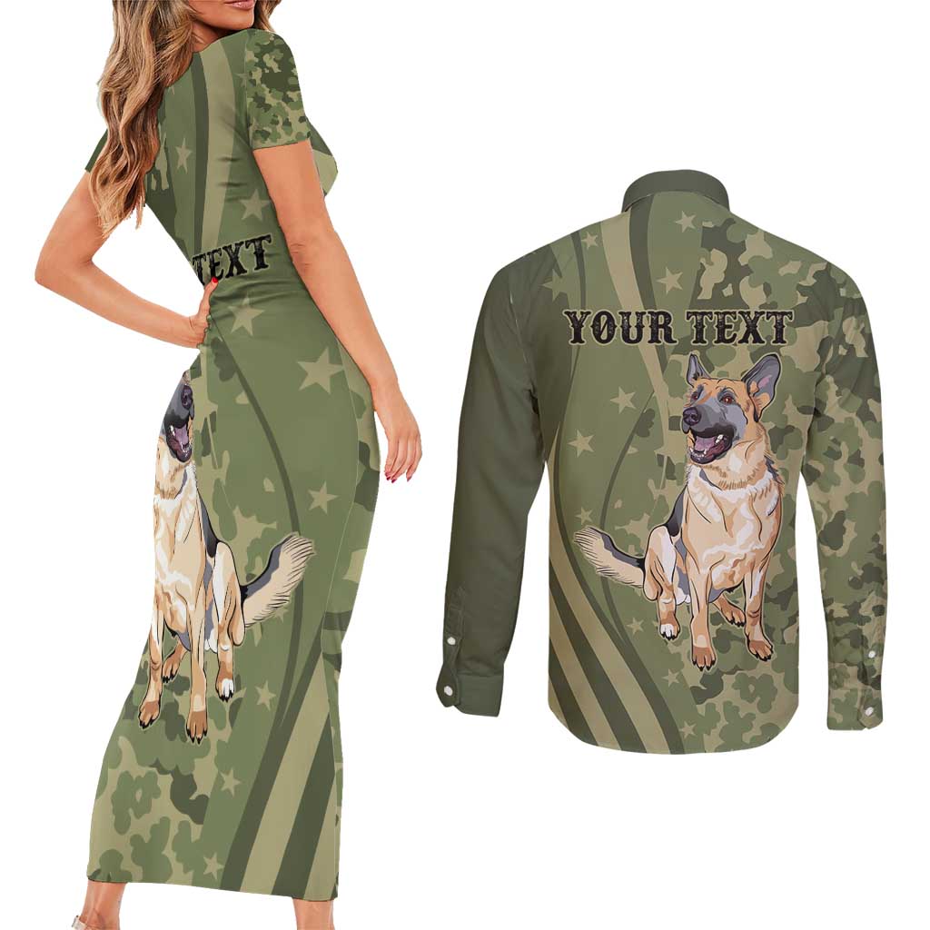 United States Canine Personalized Couples Matching Short Sleeve Bodycon Dress and Long Sleeve Button Shirt USA Military K9s Camouflage