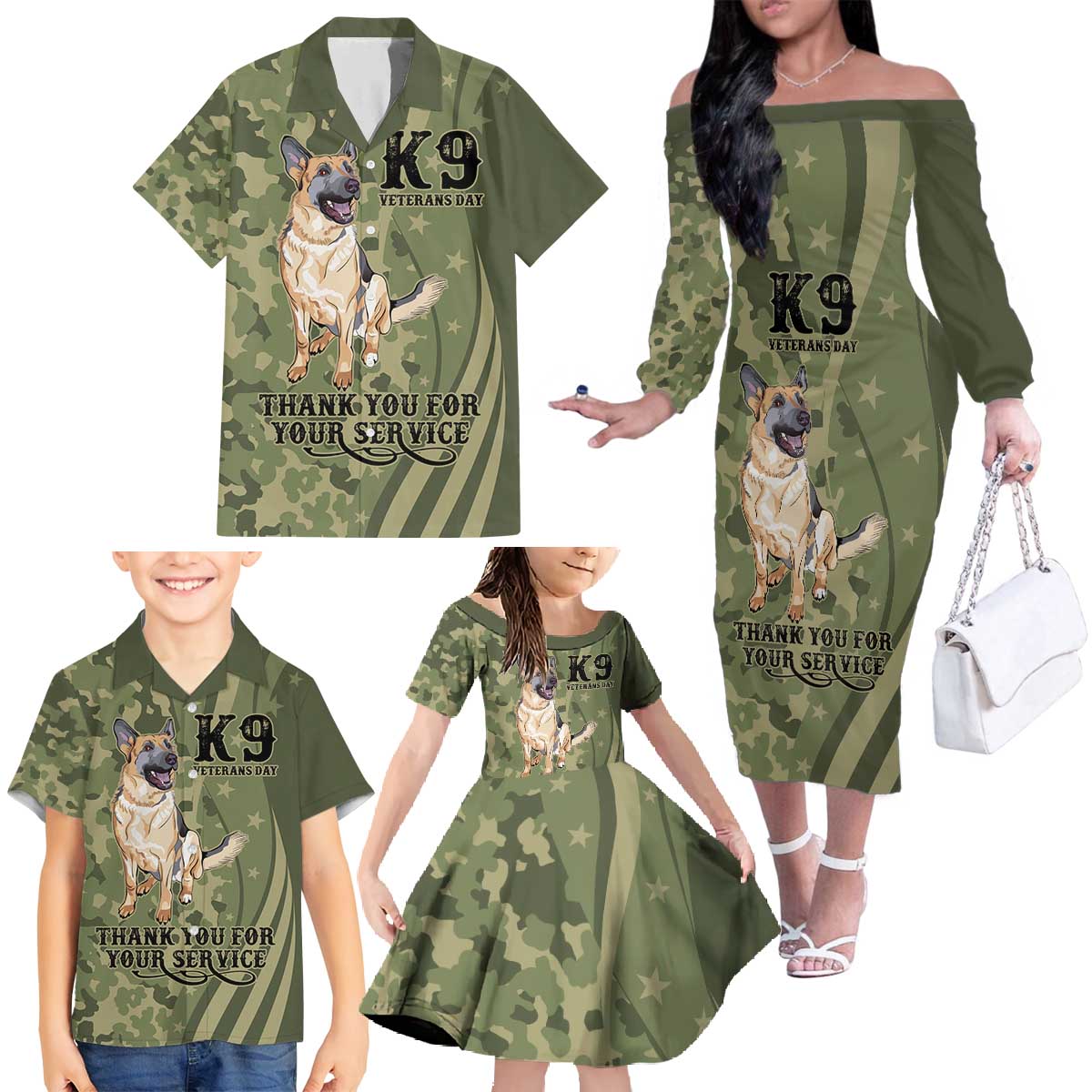 United States Canine Personalized Family Matching Off The Shoulder Long Sleeve Dress and Hawaiian Shirt USA Military K9s Camouflage